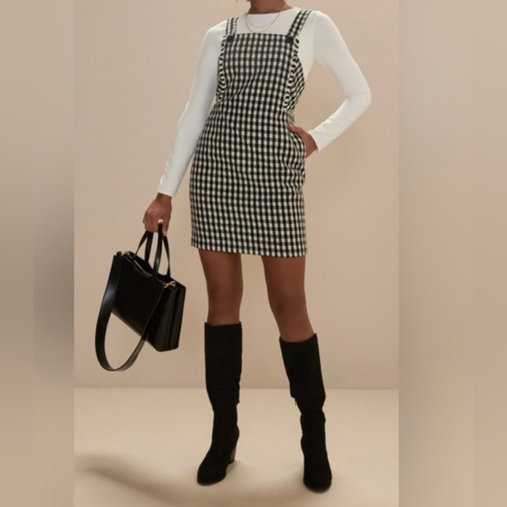 Francesca's Collections Black & White Gingham Mini Pinafore Dress - Picture 2 of 7